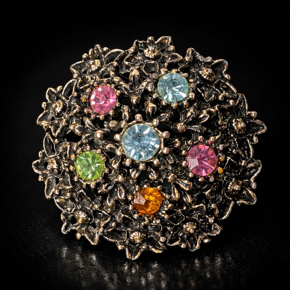 Vintage 1950s Silver Tone Floral Rhinestone Brooch Rotating Clasp Mid Century